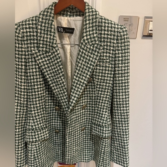 Zara Ecru/Green Houndstooth Lapel Collar Double Breasted Blazer Kate Middleton S - Picture 8 of 8
